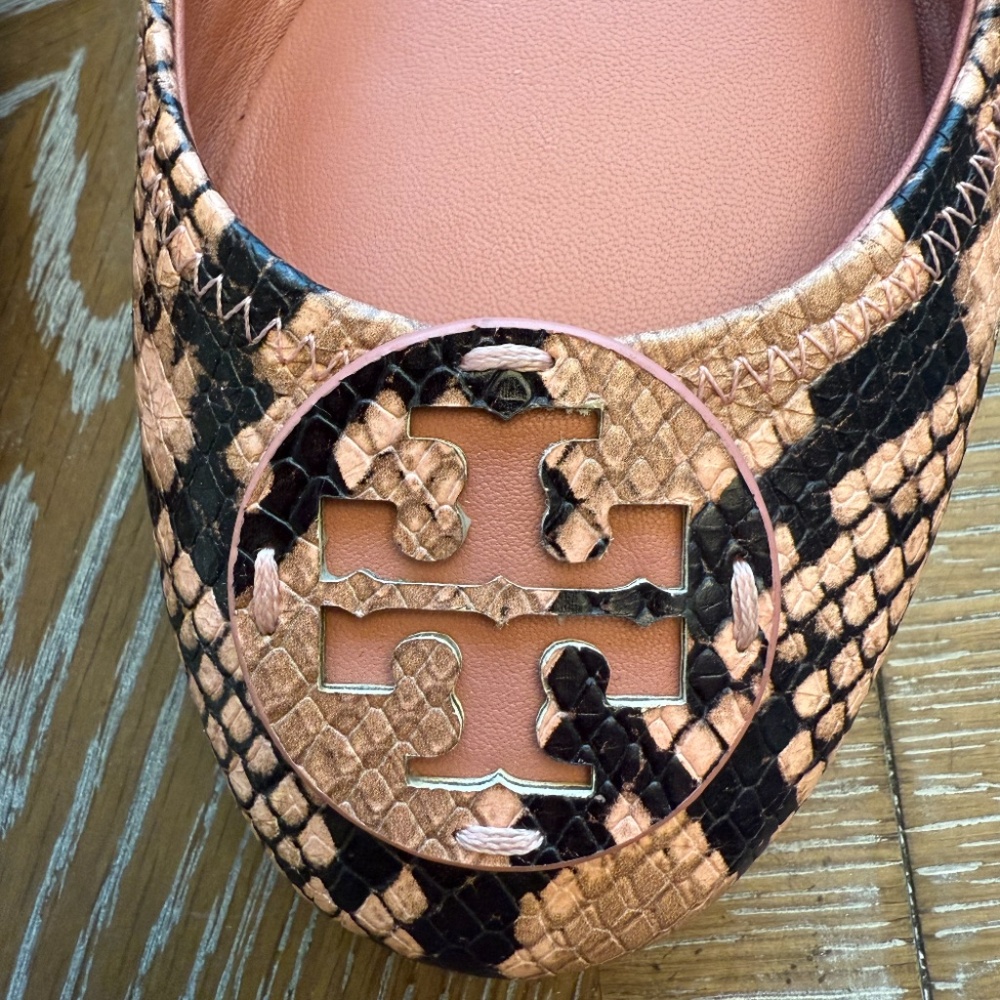 Tory Burch Orange Snake-Print Reva Flats with Logo Medallion - Picture 4 of 13